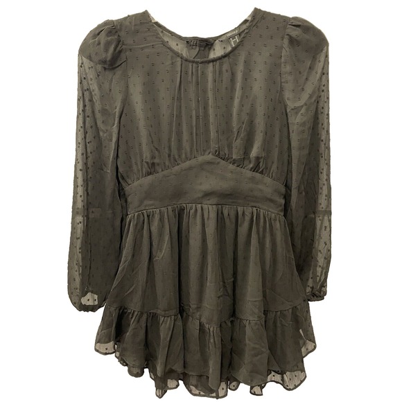 Forever 21 NWT Black Clip Dot‎ Cutout Tiered Mini Dress Sheer Sleeves Womens Med - Picture 1 of 14